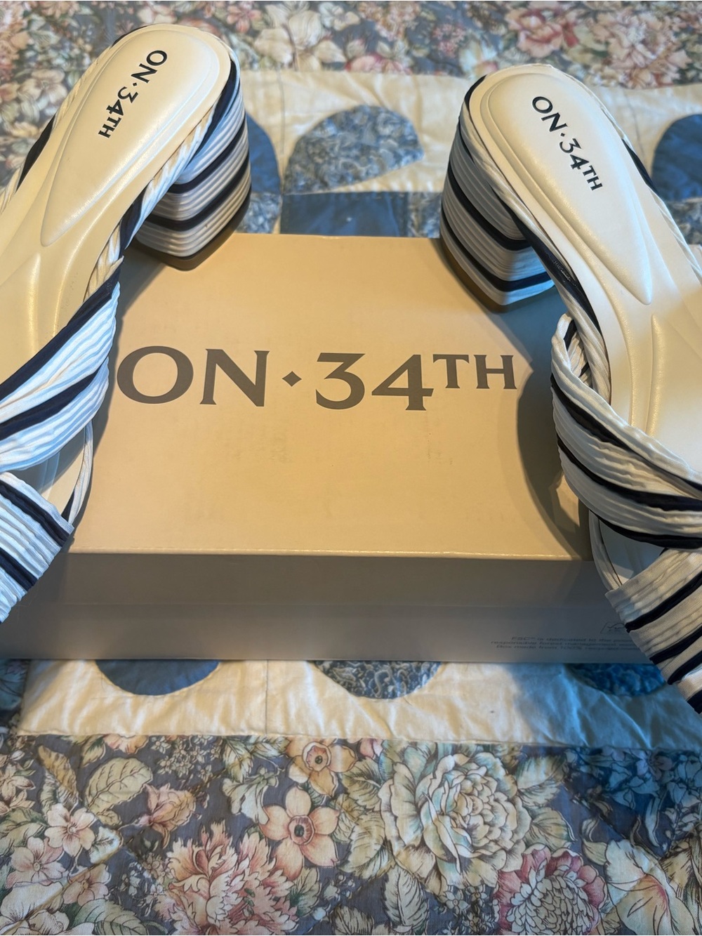 ON 34th navy and white striped fabric sandals